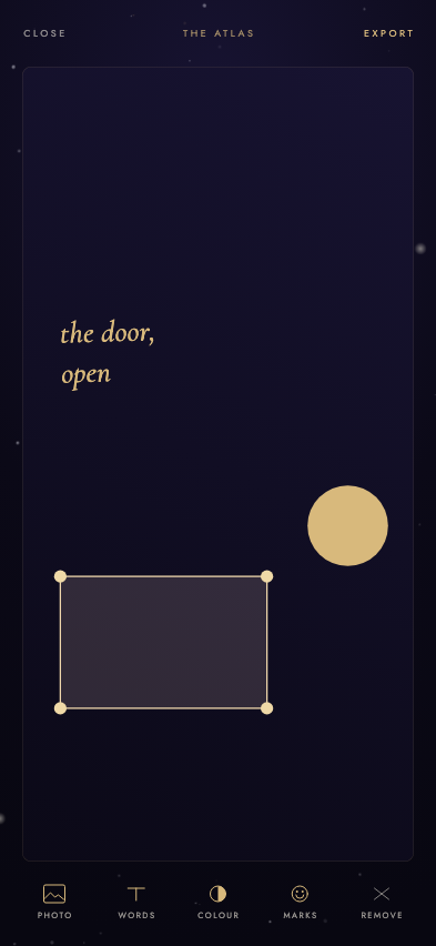 Foreglow visual atlas editor with words, a colour circle, and editable shapes