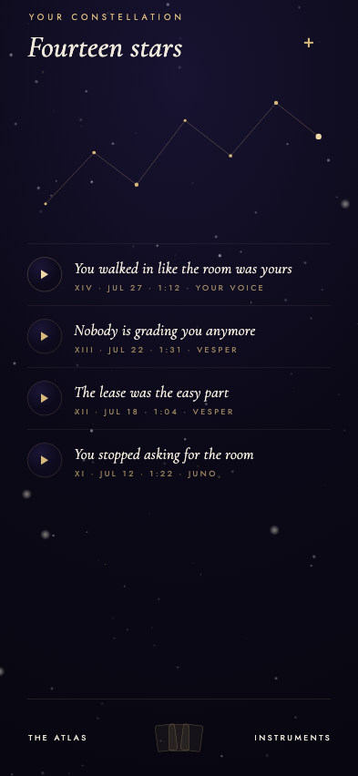 Foreglow library showing fourteen saved notes as a personal constellation